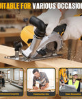 Heavy Hitter 6 Inch Cordless Circular Saw Featuring Brushless Motor cutting through wood, dust flying, with user wearing gloves.