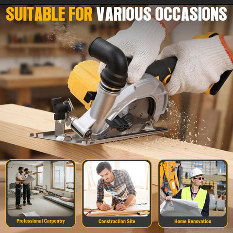 Heavy Hitter 6 Inch Cordless Circular Saw Featuring Brushless Motor cutting through wood, dust flying, with user wearing gloves.
