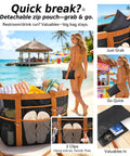 Spacious Beach Tote With Mesh And Canvas Construction, top zipper, detachable pouch shown at beach with towels and sandals inside.
