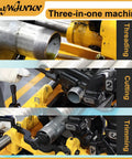Straight Up Heavy Duty Workhorse Electric Pipe Threader And Cutting Tool 1 2 To 4 Inch NPT BSPT Die Set 220V 750W showing threading, cutting, and trimming processes.