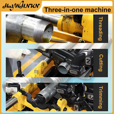 Straight Up Heavy Duty Workhorse Electric Pipe Threader And Cutting Tool 1 2 To 4 Inch NPT BSPT Die Set 220V 750W showing threading, cutting, and trimming processes.