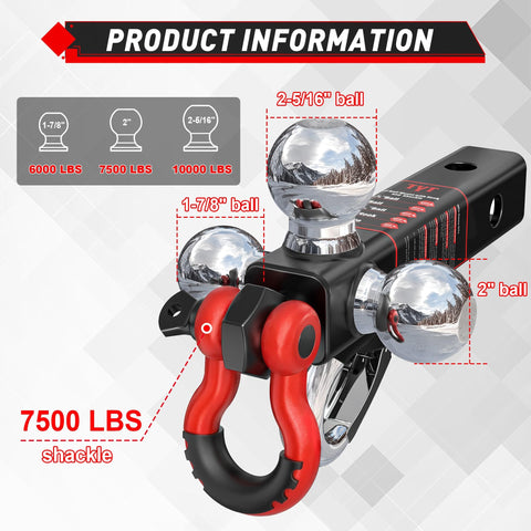 Beefy Tri Ball Mount Trailer Hitch With Three Ball Sizes 1-7/8 In, 2 In, And 2-5/16 In Plus Tow Hook And Shackle, visible product info