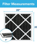 20x20x1 Air Filter MPR 1200 MERV 11 Allergen Defense Odor Busting Black 4-Pack With Active Carbon Layer shown with measurements