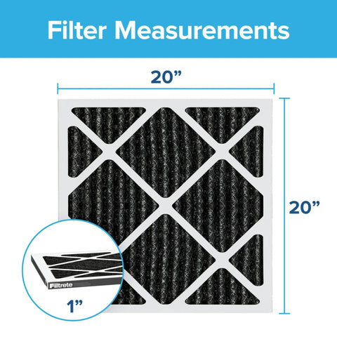 20x20x1 Air Filter MPR 1200 MERV 11 Allergen Defense Odor Busting Black 4-Pack With Active Carbon Layer shown with measurements