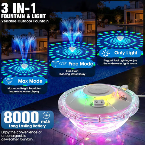 Cool 8000mAh Rechargeable Pool Fountain With Lights For Above Ground Pools Floating Water Pump With Anchor