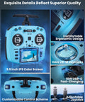 Close-up of blue 2.4GHz ELRS Transmitter With Nano Receiver And VS M Hall Gimbal EdgeTX IPS Color Touchscreen Controller.