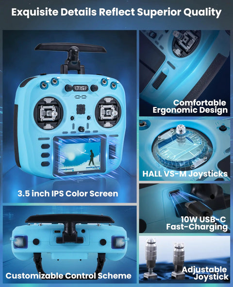 Close-up of blue 2.4GHz ELRS Transmitter With Nano Receiver And VS M Hall Gimbal EdgeTX IPS Color Touchscreen Controller.