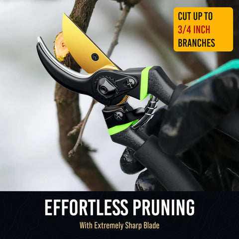 Close-up of Japanese Steel Pruning Shears That Cut 3x Easier on a 3/4 inch branch with rust-resistant titanium-coated blade.