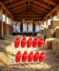 Heavy Duty Automatic Poultry Watering Nipples With Screw Style Mounting For Chickens Ducks Geese in red plastic on straw floor.