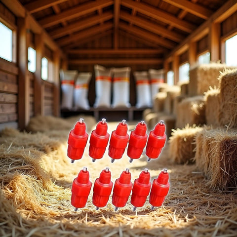 Heavy Duty Automatic Poultry Watering Nipples With Screw Style Mounting For Chickens Ducks Geese in red plastic on straw floor.