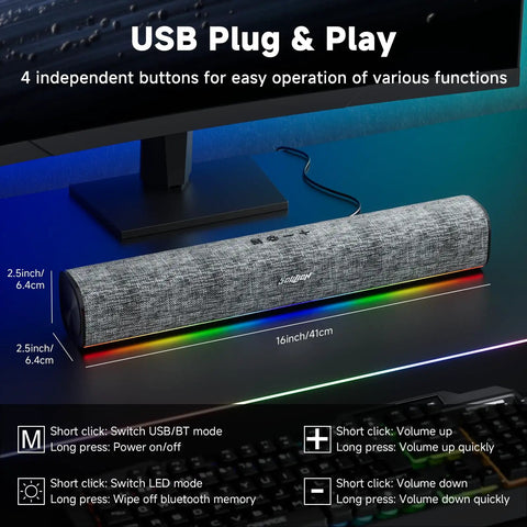 R100 Bluetooth Computer Speakers With Dynamic LED Light For Desktop PC And Laptop USB Plug And Play Sound Bar Grey