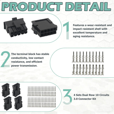 4 Set Dual Row 10 Pin 3mm Pitch Connector Kit with Crimp Terminals for 20 to 24 AWG Wire, product details and components