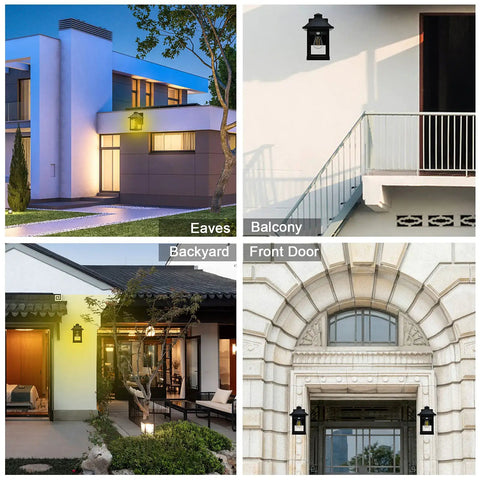 Outdoor Solar Wall Lanterns With Motion Sensor Vintage Style Wall Sconces 3 Lighting Modes Waterproof LED Bulbs, patio view