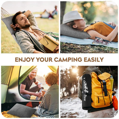 Travel Camping Pillow With Shredded Memory Foam used for relaxing outdoors, hiking, and camping, showing versatility and comfort.