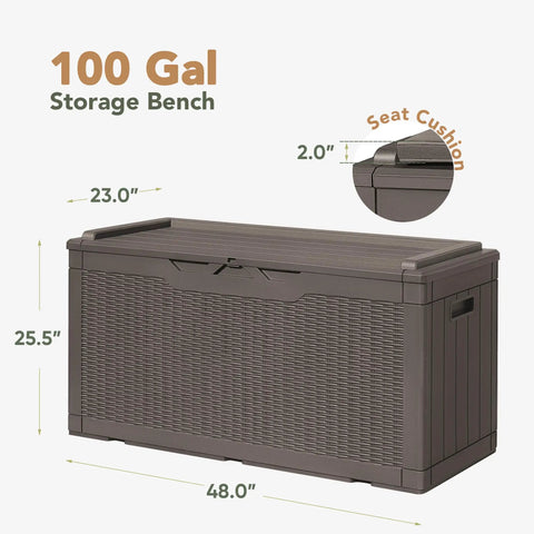 98 Gallon Waterproof Resin Deck Box With Cushion Lockable Outdoor Storage Bench For Patio Furniture Tools And Pool Accessories Indoor Outdoor Storage Chest In Deep Brown