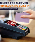 Pop Up Wallet For Women With RFID Blocking Slim Card Holder showing quick card access near payment terminal