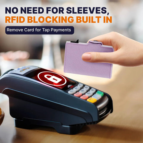 Pop Up Wallet For Women With RFID Blocking Slim Card Holder showing quick card access near payment terminal