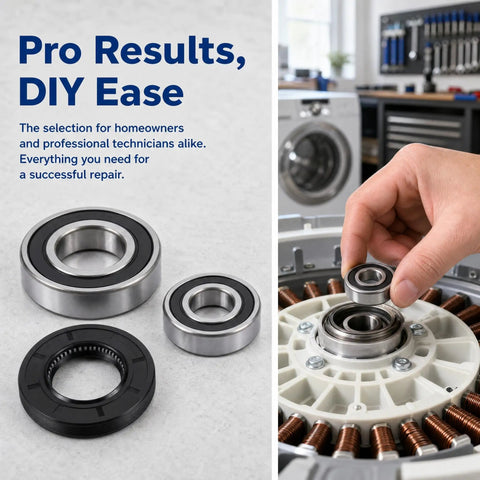 Top Tier Washer Bearing And Seal Replacement Kit with steel bearings for replacement, ensuring silent drum rotation and leak prevention.
