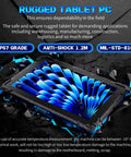 Killer Performance 10.1 Inch Rugged Tablet Built Like A Tank For Rough Jobsites Featuring Intel Celeron J4105 Chipset Windows 11 Pro 8GB Ram 128 GB showing anti-shock design and IP67 rating.