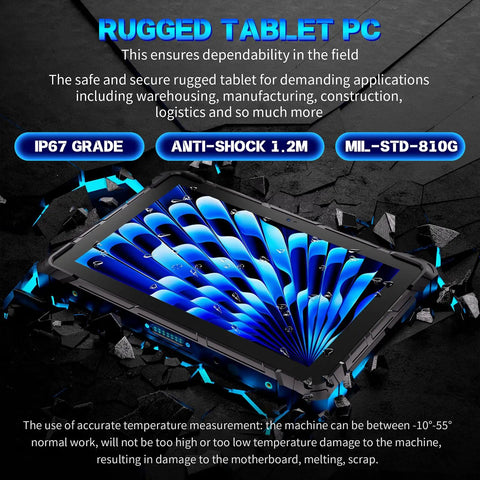 Killer Performance 10.1 Inch Rugged Tablet Built Like A Tank For Rough Jobsites Featuring Intel Celeron J4105 Chipset Windows 11 Pro 8GB Ram 128 GB showing anti-shock design and IP67 rating.