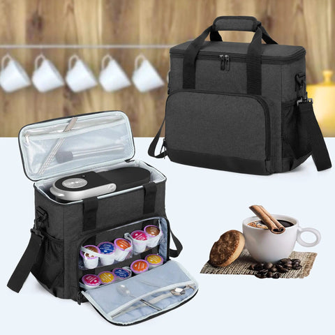 Durable black travel coffee maker carrying bag for Keurig K Mini with open compartments for pods and accessories