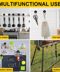 Heavy Duty Magnetic Hooks Set, 70 Lbs Neodymium Magnets With Swivel Carabiner shown in kitchen, tool wall, fridge, and barbecue use