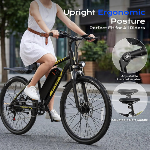 Person riding Beast 750W Peak Electric Mountain Bike With 48V Battery And 22 MPH Top Speed, featuring ergonomic design, 26 inch black and yellow frame.