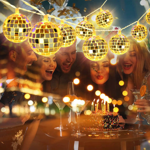 Party scene with 20 LED Disco Ball String Lights Battery Powered and USB Plug Indoor Decor for Throwback 70s 80s 90s Theme Parties