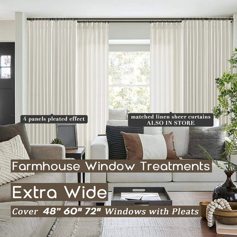 Cream Blackout Curtains With Matte Polished Finish And Pinch Pleat Linen Texture For Bedroom Floor To Ceiling Fit On Windows Or Track System With Hooks 96 Inch Long Two Panel Set For A Cozy Modern Vibe And Strong Light Blocking installed in living room with large windows and modern decor.