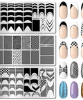 Premium Nail Stamping Plates Set Of Three Featuring Killer French Tip And Geometric Checkerboard Patterns Totally Slaying Your At Home Manicure Game While Adding Legit Salon Quality Vibes To Every Session. Three plates with geometric designs and nail art samples.