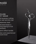 Polished Silver Japanese Steel Hair Cutting Shears With Beveled Blade For Wet And Dry Hair on display with company logo.