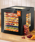 Heavy Duty Electric Food Dehydrator Featuring Ten Stainless Steel Trays And Ten Smart Presets, displayed with dried fruits.