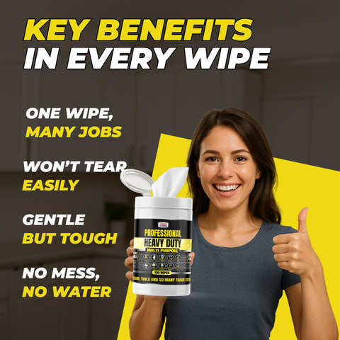 Smiling woman holding Heavy Duty Multi Purpose Wipes For Tools Hands Glass and Stainless Steel Pre Moistened Streak Free