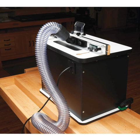 Heavy Hitter Benchtop Router Table Decked Out With A Beefy 24 Inch Laminate Top, precision machine with dust collection hose.