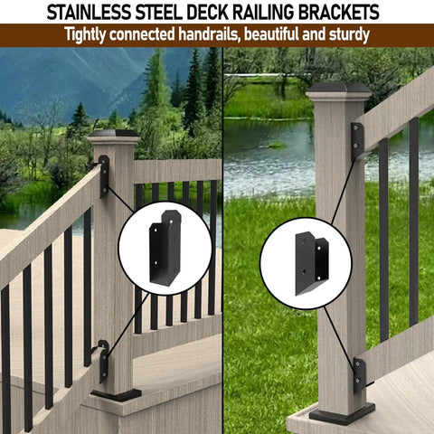 Four Pairs 35 Degree Stair Angle Deck Railing Connectors Made From 201 Stainless Steel Brackets Fits 2x4 Railing And Wood Posts For Easy Handrail Installation shown installed on deck and stairs.