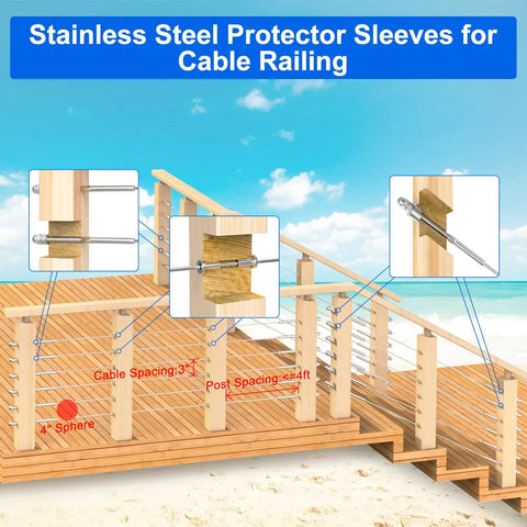 Stainless Steel Protector Sleeves For Deck Cable Railing Fits 1/8 Inch, 5/32 Inch Or 3/16 Inch Cable On Wood Or Composite Posts