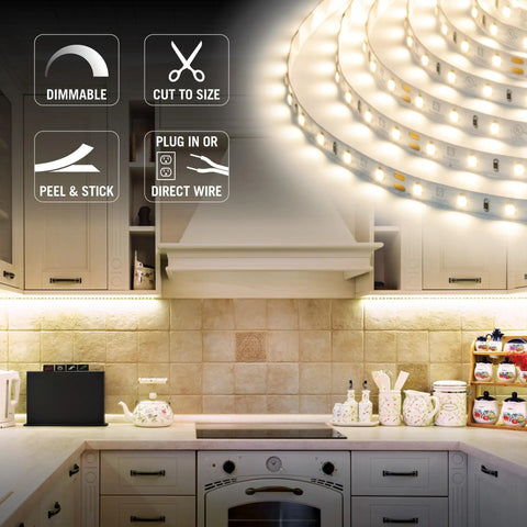RibbonFlex Home AC Dimmable Bright White LED Tape Light Kit 4000K in a kitchen setting, highlighting easy installation options