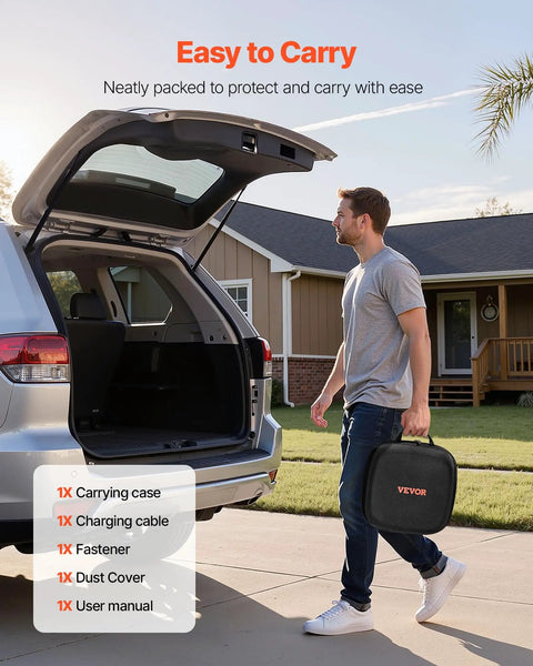 A man carrying a VEVOR carrying case for the 21 Foot J1772 EV Charger Extension Cable 48 Amp Heavy Duty Charging Cord.
