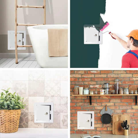 Top Shelf 6X6 Inch White Metal Lockable Wall Access Panel used in bathroom, kitchen and painted wall settings.