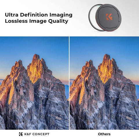 Comparison of mountain image with and without 77mm Magnetic UV Lens Filter With 28 Layer Coatings Ultra Slim Waterproof Scratch Resistant Lens Protector Includes No Fuss Quick Swap Cap And 1 Second Filter Change For Pro Photographers Nano X Series
