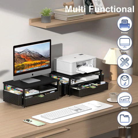 Monitor Stand Riser With Drawer And Pen Holders, Desk Organizer For Office Use, Space Saving Computer Desk Accessory In Black