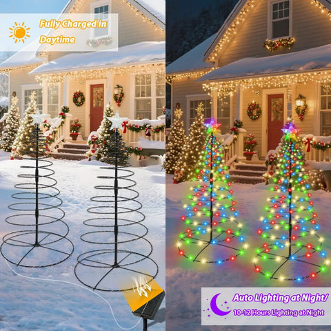 8 Foot Lit RGB LED Christmas Cone Tree with app control in daylight and illuminated at night, showcasing light show