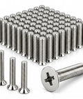 Get These Bad 100 Pcs 304 Stainless Steel Hurricane Shutter Fasteners And Sidewalk Bolts For Your Home And Keep Windows And Doors Locked Down Tight In Any Storm Without Fear Of Damage. Image of stainless steel screws in bulk, showing thread details.