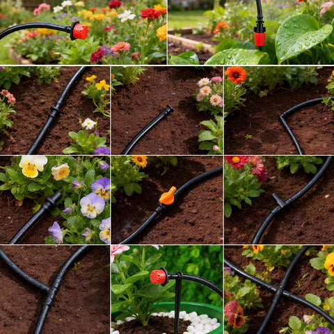 240 Piece Drip Irrigation Kit For Quarter Inch Tubing Includes Misting Nozzles Drippers Stakes Tees Elbows Plugs And More For Easy Diy Garden Irrigation System Upgrade shown in use with garden flowers