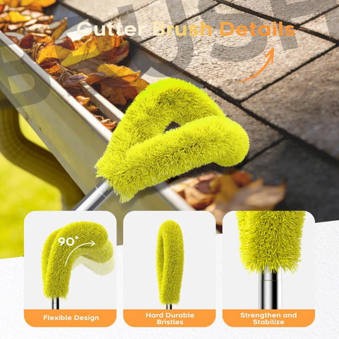 13 Foot Gutter Cleaning Tool From The Ground With 3 In 1 Gutter Cleaner Replaceable Brush shown cleaning leaves from gutter