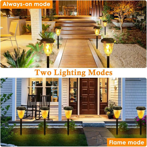 Pathway lit with solar lights in two modes, always-on and flame, in a garden and front porch setting.