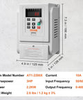 Beefy 3HP VFD Inverter For AC Motors 2.2KW 10A 1 Phase 220V To 240V Input To 3 Phase 220V To 240V Output 0 To 400 Hz Variable Frequency Drive With Soft Start And Slick Speed Control, front view