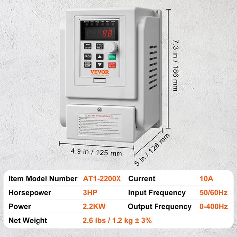 Beefy 3HP VFD Inverter For AC Motors 2.2KW 10A 1 Phase 220V To 240V Input To 3 Phase 220V To 240V Output 0 To 400 Hz Variable Frequency Drive With Soft Start And Slick Speed Control, front view