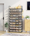 Go-To Heavy Duty 10 Tier Shoe Rack, Tall Entryway Organizer Holds Up To Forty Pairs, Built-In Side Hooks For Backpacks And Daily Essentials, Roomy Floor Shelf Stand In Matte Black with shoes and accessories.