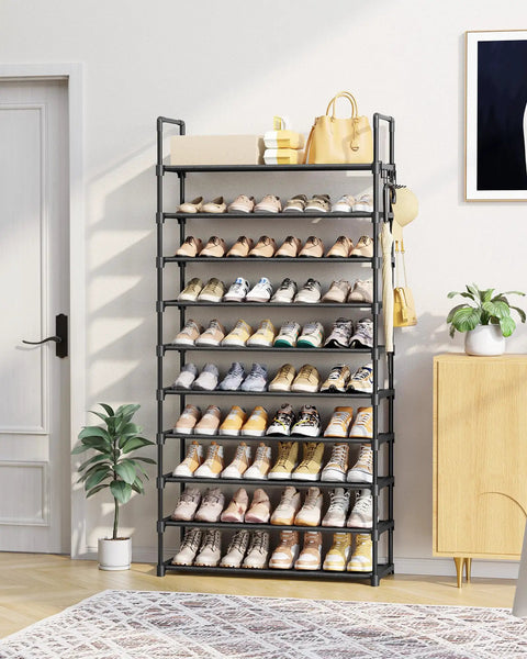 Go-To Heavy Duty 10 Tier Shoe Rack, Tall Entryway Organizer Holds Up To Forty Pairs, Built-In Side Hooks For Backpacks And Daily Essentials, Roomy Floor Shelf Stand In Matte Black with shoes and accessories.